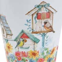 Plechový květináč s ptačí budkou, letní dekorace, květináč V14,5cm Ø13,5cm