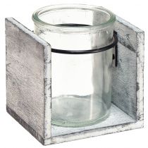 položky Stojan na čajovou svíčku ze skla v rustikálním dřevěném rámu - šedo-bílý, 10x9x10cm - okouzlující stolní dekorace 3 kusy