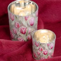 položky Dekorativní skleněná lucerna s tulipánovým vzorem pro jarní dekoraci domova, 8 cm, 4 kusy.