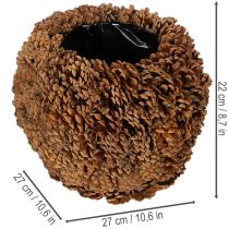 položky Dekorativní květináč s borovými šiškami, přírodní vzhled, 27 cm. Kulatý květináč z borových šišek, přírodní hnědý, vyrobený z borových šišek, 27 cm x 22 cm.
