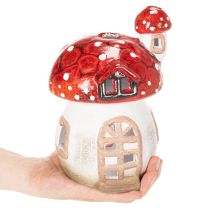 položky Dekorativní houbový domeček na čajovou svíčku, ručně malovaný s věžičkou, 21 cm