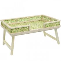 Podnos na postel z bambusu, servírovací podnos skládací, dřevěný podnos s pleteným vzorem zeleno-přírodní barvy 51,5×37cm