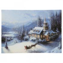 LED nástěnná malba zimní krajina s kostelem 38×28cm Na baterii