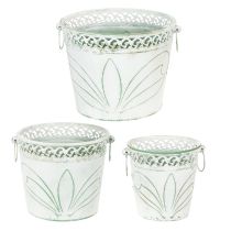 položky Kovový květináč s reliéfním vzorem a úchyty, bílý a zelený, styl shabby chic, V 22/19,5/17,5 cm, Ø 25,5/20,5/15,5 cm, sada 3 ks