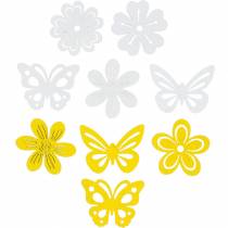 Květiny a motýli na posyp žluté, bílé dřevěné posypové dekorace jarní dekorace 72ks