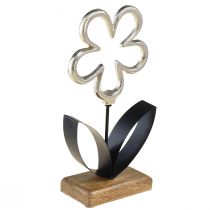 Květinová kovová dekorace stříbrná černá dřevěná základna 15x29cm