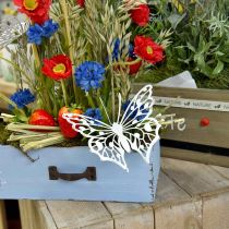 Květinová zátka motýl, zahradní dekorace kovová, rostlinná zátka shabby chic bílá, stříbrná L51cm 3ks