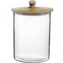 Skleněná dóza, bonboniéra s dřevěným víčkem, dekorativní sklo přírodní barva, čirá Ø17cm V24,5cm