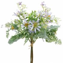 Dekorativní kytice, fialové hedvábné květiny, jarní dekorace, umělé astry, karafiáty a eukalypty
