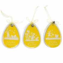 Dekorativní kraslice na zavěšení bílá, žlutá dřevěná velikonoční dekorace jarní dekorace 6ks