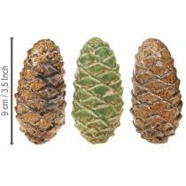 položky Dekorativní keramické šišky, různé barvy zelené, žluté, hnědé, 8,5 cm, 6 kusů
