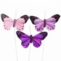 Deco motýl na drátěném peří motýlci fialový/růžový 9,5cm 12ks