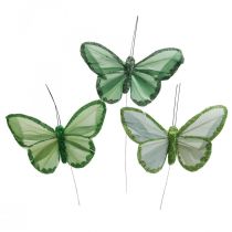 Dekorativní motýlci zelené peří motýlci na drátě 10cm 12ks