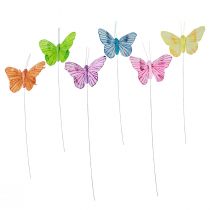 položky Dekorativní motýlci na drátěných barevných pírkách 5,5×8cm 12ks