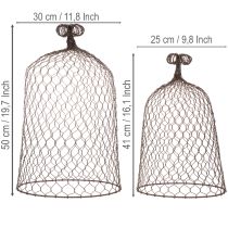 položky Dekorativní kovový zvonek, mřížoví, drátěný kryt, hnědý, rezavý povrch, V 50/41 cm Ø 30/25 cm, sada 2 ks