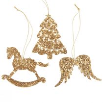 položky Deco věšák dřevo zlaté třpytky ozdoba na vánoční stromeček 10cm 6ks