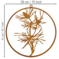 položky Dekorativní kovový prsten, zvětralá ocelová nástěnná dekorace, borová větev, Ø38cm