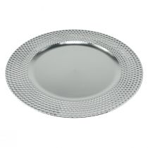 Dekorační talíř kulatý plastový dekorativní talíř stříbrný Ø33cm