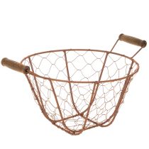 položky Vintage kulatý drátěný koš s dřevěnými rukojeťmi, kovový koš, rezavá úprava, Ø22cm