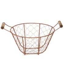 položky Vintage kulatý drátěný koš s dřevěnými rukojeťmi, kovový koš, rezavá úprava, Ø22cm