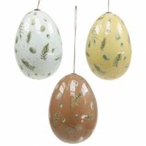 Velikonoční vajíčka na zavěšení s motivem vajíčka a peříčka bílá, hnědá, žlutá asort 3ks