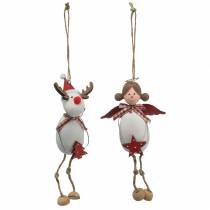 Vánoční figurky anděl a sob k zavěšení bílá, červená Ø4,7cm H20 / 18cm 2ks