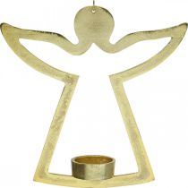 Dekorativní anděl, svícen na čajovou svíčku k zavěšení, kovová dekorace zlatá V20cm