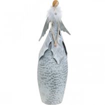 Deco figurka anděla s peřím boa šedá kovová dekorace vánoční 38cm