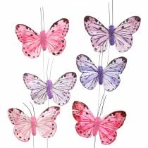 Peří motýl kovový drát růžový, fialový 7cm 12 ks