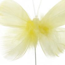 Ozdobní motýlci na drátě, jarní dekorace, motýlci z peříček v odstínech žluté 6ks