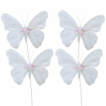 Peříčkový motýlek na drátě 12cm bílý 3ks