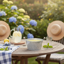 položky Citronelová venkovní svíčka v kbelíku: Atmosférické osvětlení a repelent proti hmyzu, 15 cm