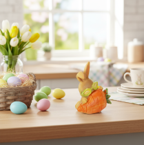 položky Dekorativní králík s mrkví, velikonoční ozdobné figurky zajíčků, 6 cm, 3 kusy