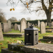 položky Lucerna s náhrobním světlem, křížové okno, kov, starožitná šedá 13 x 27 cm