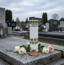 položky Náhrobní svíčka bílé růže zlaté smuteční světlo Ø7cm 23,5cm 100h 2ks