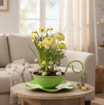 položky Kovový dekorativní hrnek s podšálkem, světle zelený, V8cm Ø11,5cm, 2 kusy