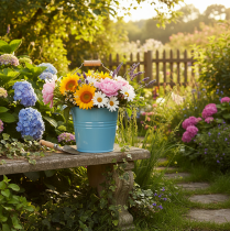 položky Dekorativní vědro, kovové, dřevěná rukojeť, květináč, modré, výška 16 cm, 2 kusy