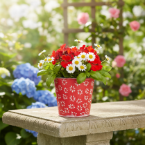 položky Červenobílý mini květináč, květinový vzor, kov, Ø10,5 cm V10,5 cm