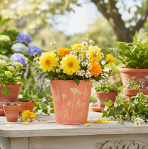 položky Květináč s květinovou výzdobou, meruňkově žlutý, Ø10,5 cm V10,5 cm