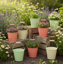 položky Kbelík s rukojetí, květináč, pastelový kov, Ø10cm V8cm, 10 kusů