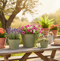 položky Kovový květináč, zelený, vintage, Ø22 cm–13,5 cm, sada 3 kusů