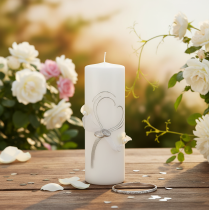 položky Slavnostní svatební svíčka se stylovým designem srdce, stříbrnými ozdobami a organzovou stuhou – ideální pro svatby a stříbrná výročí, 240/80 mm