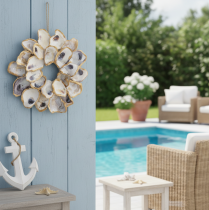 položky Věnec z ústřic a mušlí, dekorace do domu s námořnickým motivem, přírodní nástěnná dekorace, 12 cm