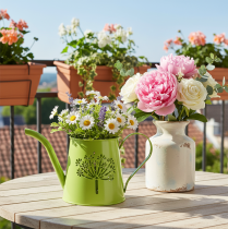 položky Dekorativní kovová konev na zalévání, motiv pampelišky, zelená, výška 12 cm, 2 kusy, dekorativní váza, shabby chic