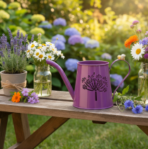 položky Dekorativní konev na zalévání, fialový kov, boho design, pampeliška, výška 12 cm, 2 kusy