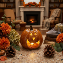 položky Keramická dýňová halloweenská LED dekorace 15cm