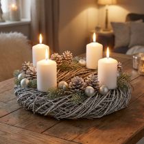 položky Věnec z borovice, přírodní věnec, dekorativní věnec ve stylu shabby chic, Ø40cm, zimní dekorace, věnec na stůl, adventní věnec