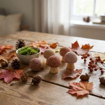 položky Dekorativní dřevěné houbičky, mini hnědé, Ø2cm, 24 kusů