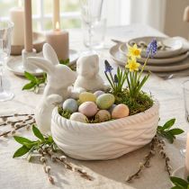 položky Králíci s hnízdem, dekorace na stůl, velikonoční hnízdo, dekorace z porcelánu, dekorativní miska bílá L15cm H11cm