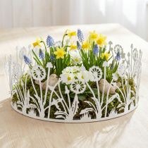 položky Dekorační tác s pampelišky, kovová dekorace na jaro bílá, stříbrná shabby chic Ø25cm V10,5cm